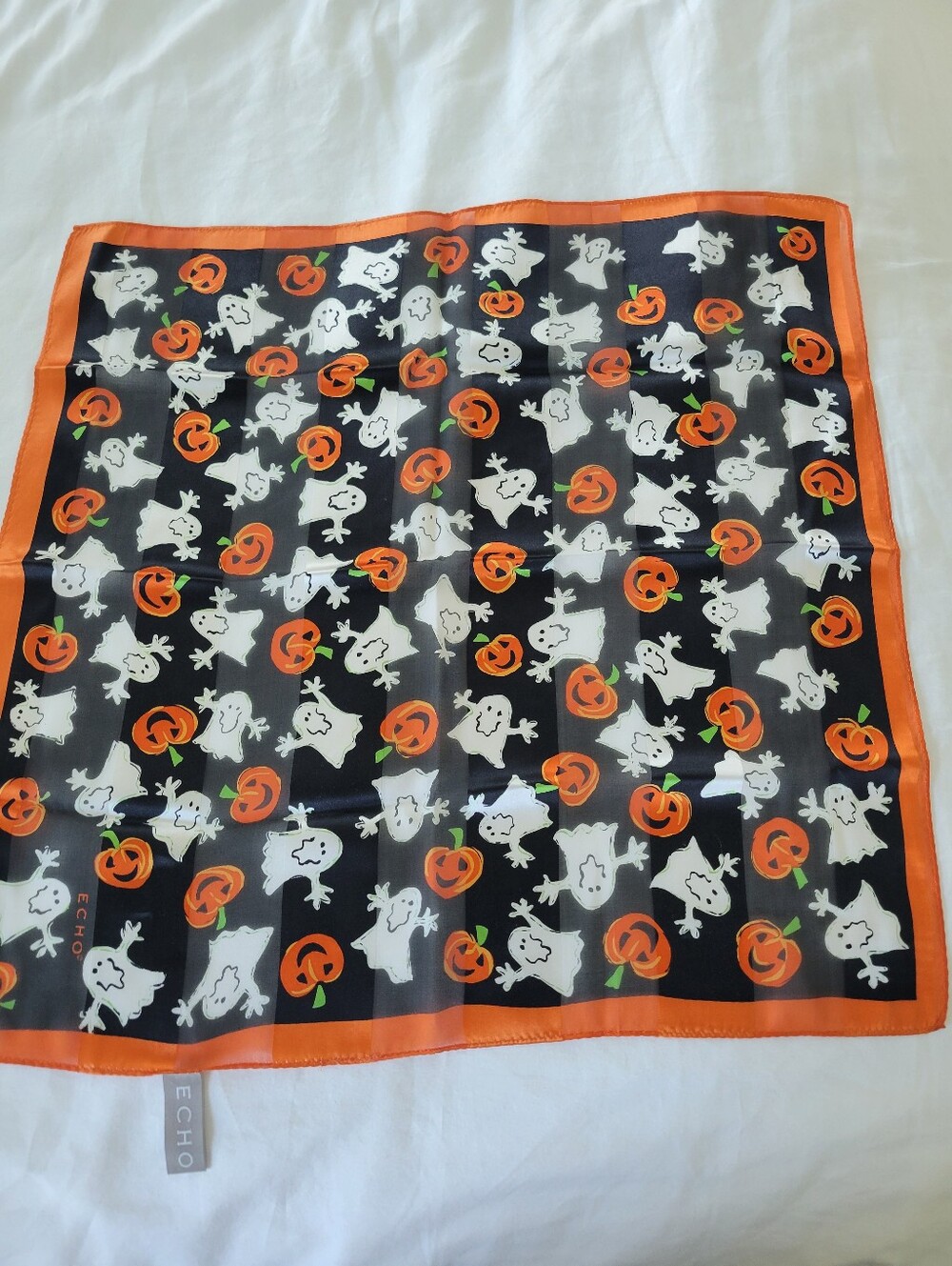 Echo 100%Silk  Halloween Scarf with White Ghosts & Orange Pumpkins 21X21 Inches,
